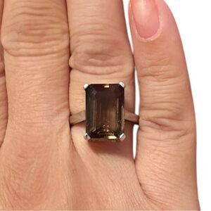 Genuine Large Emerald Cut Smoky Quartz Sterling Silver Ring Size 6.75